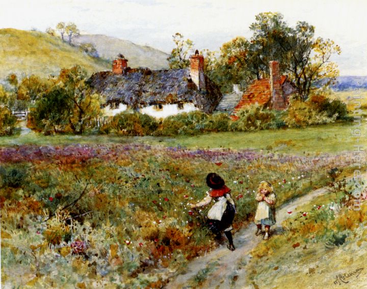 Children Playing On A Path, Cottages Beyond painting - William Stephen Coleman Children Playing On A Path, Cottages Beyond art painting